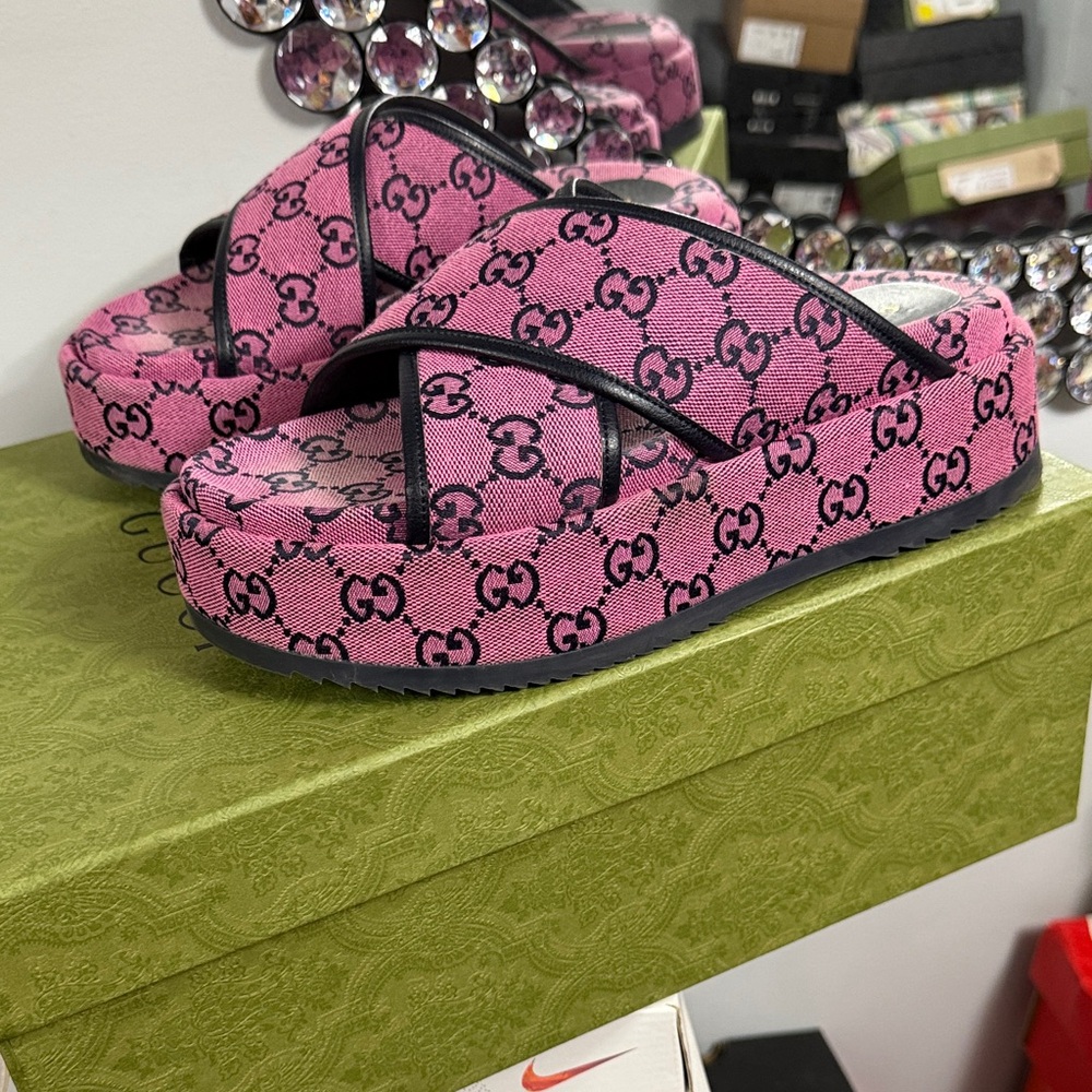 Gucci Pink and Blue Monogram Platform Slides. AUTHENTIC
